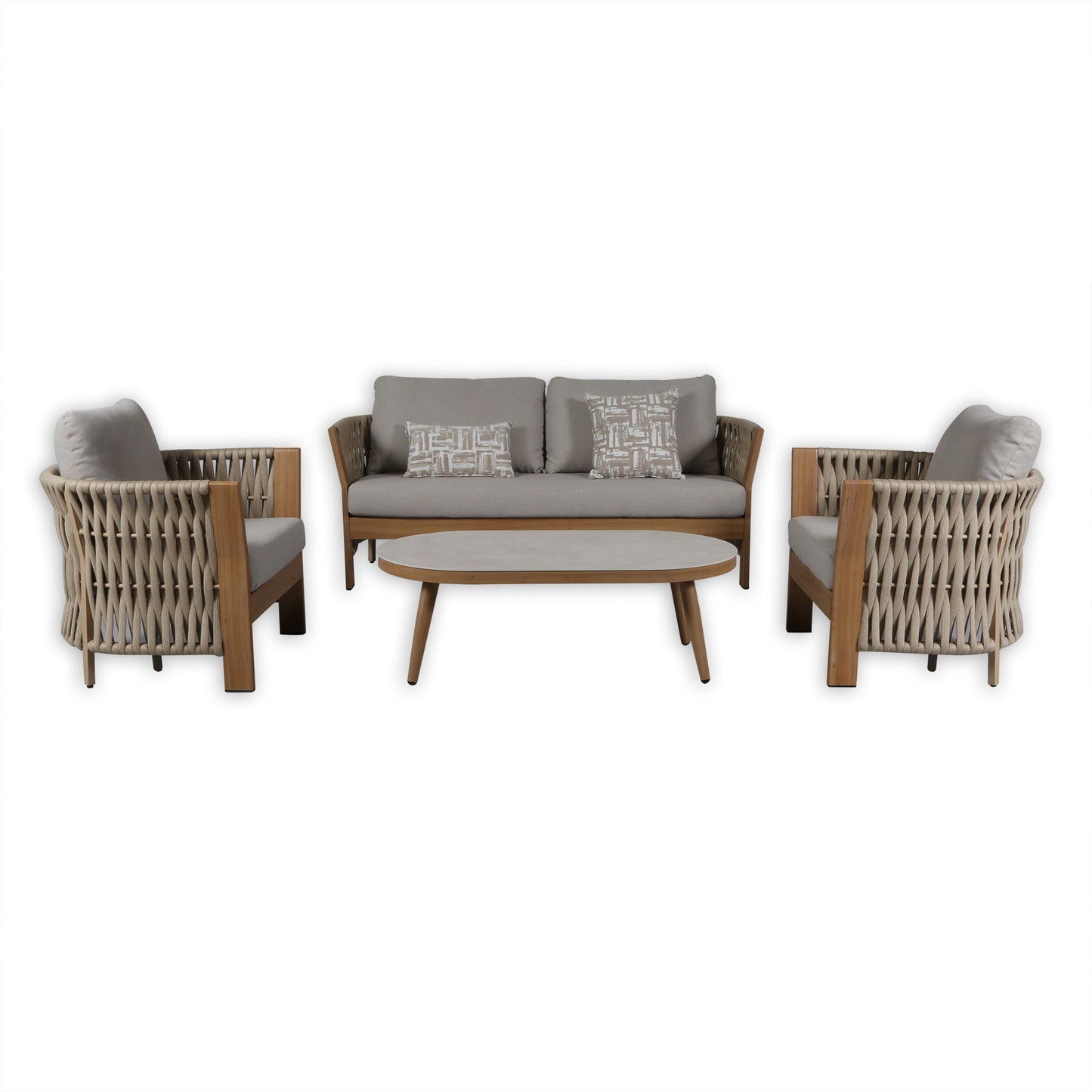 IN STOCK | Orion Range Beige Rope & Wood-Effect Aluminium Frame Sofa Set with Beige cushions