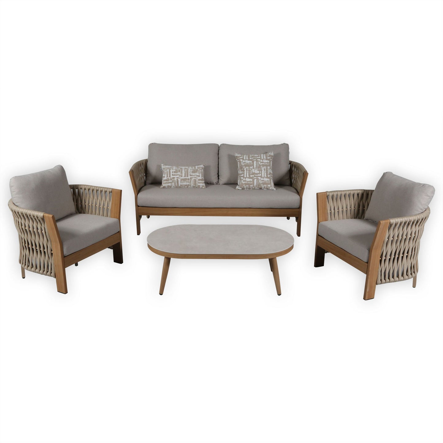 IN STOCK | Orion Range Beige Rope & Wood-Effect Aluminium Frame Sofa Set with Beige cushions