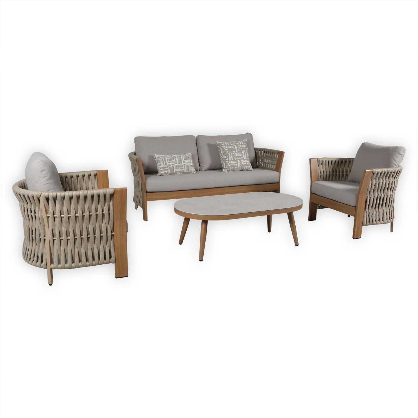 IN STOCK | Orion Range Beige Rope & Wood-Effect Aluminium Frame Sofa Set with Beige cushions