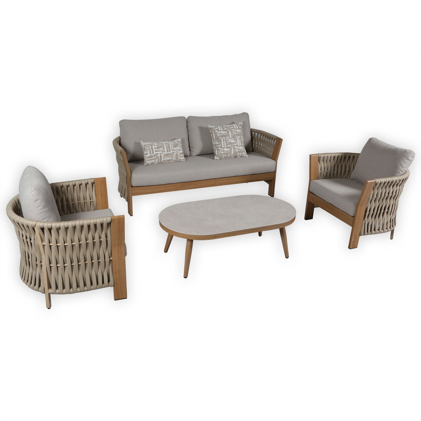 IN STOCK | Orion Range Beige Rope & Wood-Effect Aluminium Frame Sofa Set with Beige cushions