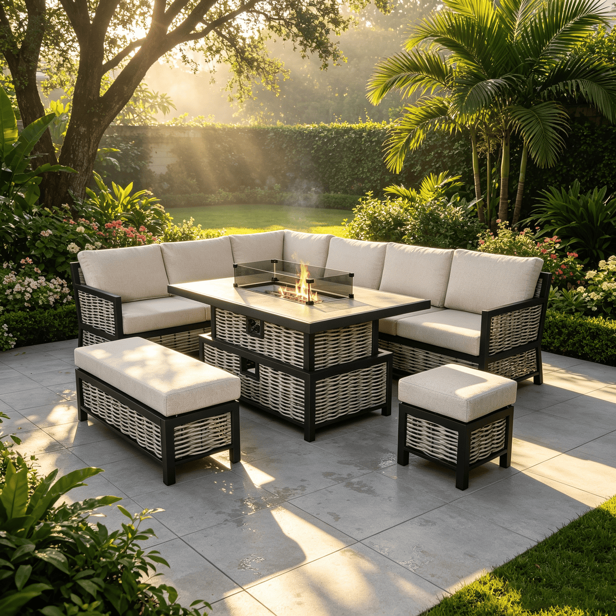 Lumina Range Left Hand Corner Sofa Set with Bench, Footstool and Rising Fire Pit Table