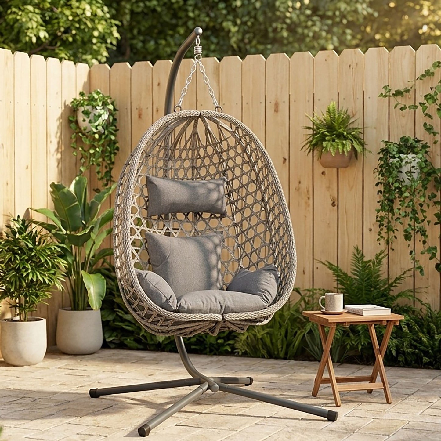 IN STOCK | Nest Hanging Egg Chair with Stand, Thick Showerproof Cushions, for Living Room,Balcony or Outdoor, Grey Weave & Black Stand (RR-EC-02)