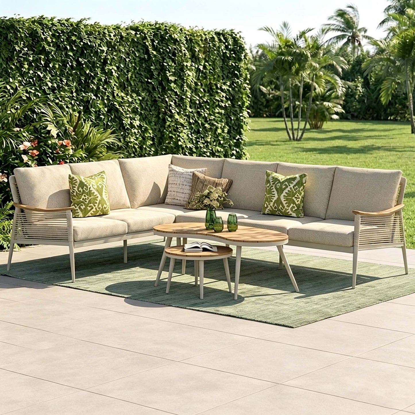 IN STOCK | Berne Range Modular Corner Sofa Rope Set with 2 Coffee Tables with Teak Wood Top