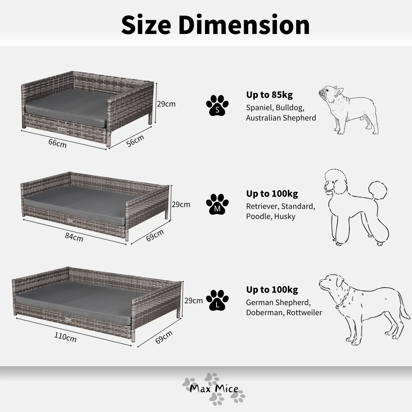 IN STOCK | Nest Range - Wicker Raised Dog House | Rattan Dog Bed for Indoor/Outdoor with Removable Roof & Cushion (Grey) - Available in S, M, L