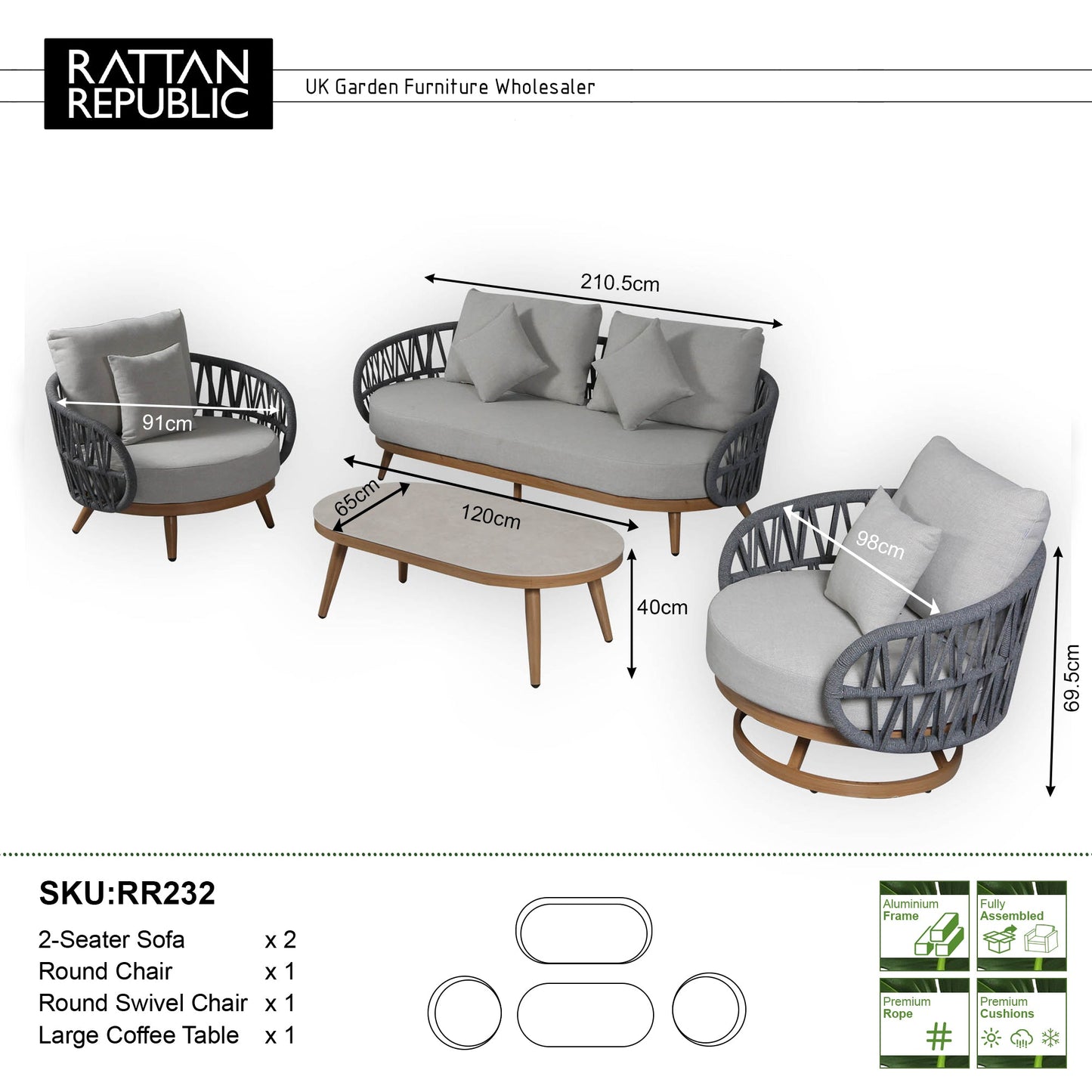 IN STOCK | Luna Range Dark Grey Rope Sofa Set with Grey Cushions