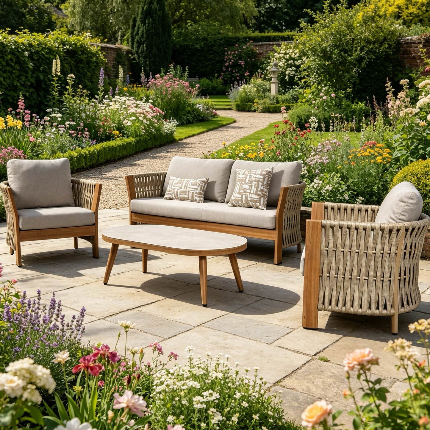 IN STOCK | Orion Range Beige Rope & Wood-Effect Aluminium Frame Sofa Set with Beige cushions