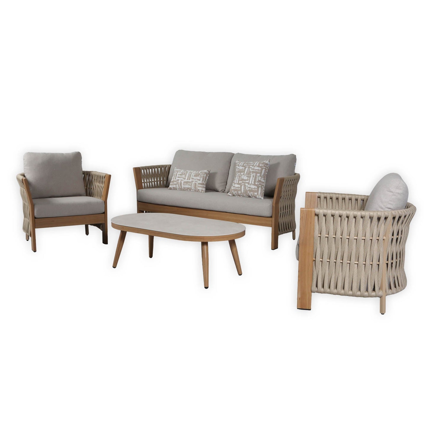 IN STOCK | Orion Range Beige Rope & Wood-Effect Aluminium Frame Sofa Set with Beige cushions