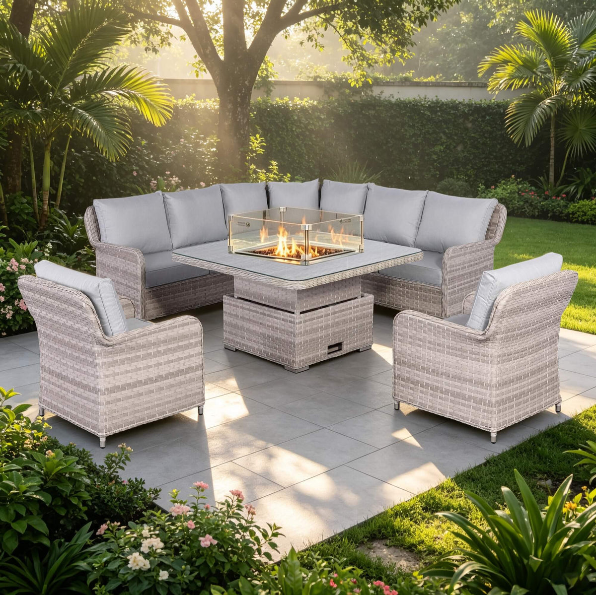 Havana Range L-Shaped Corner Sofa Set with Armchairs and Rising Fire Pit Table