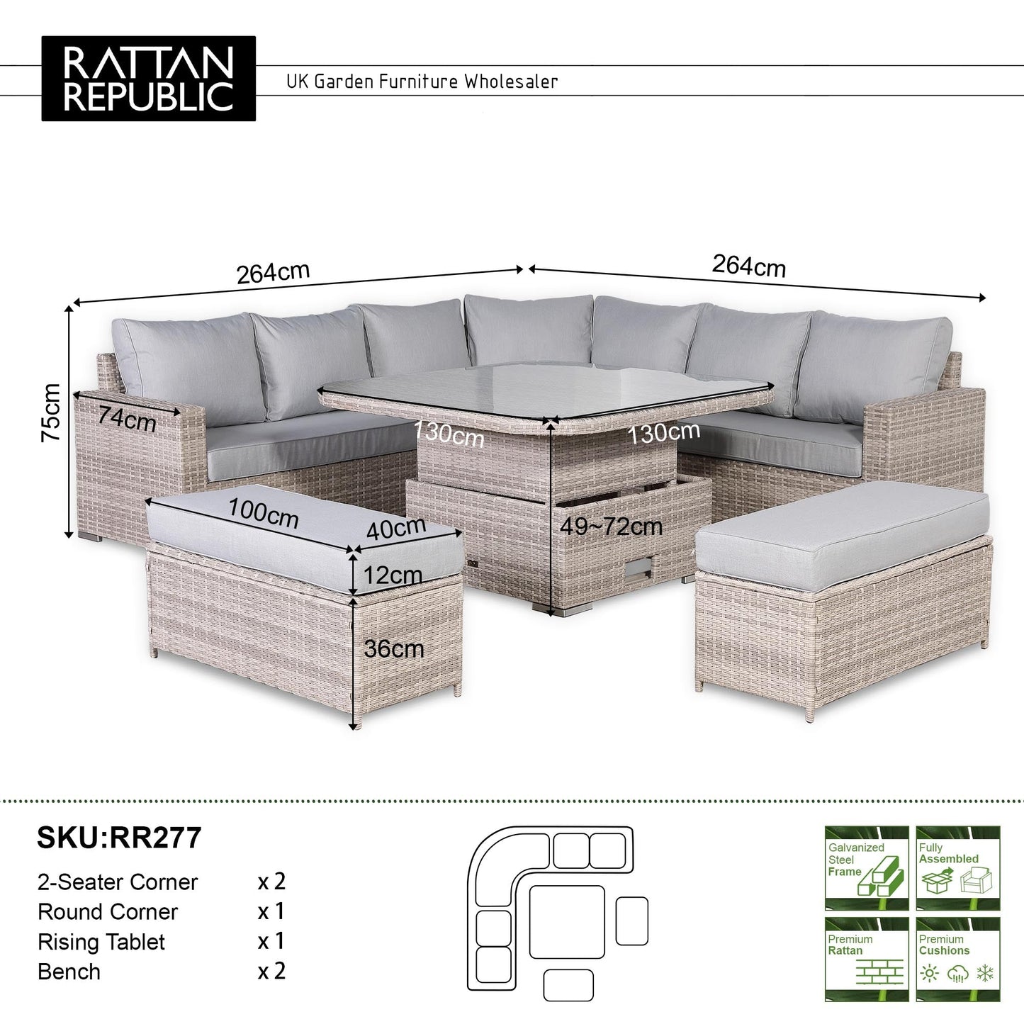 Aurora Range Large Round Corner Sofa Set with Rising Table