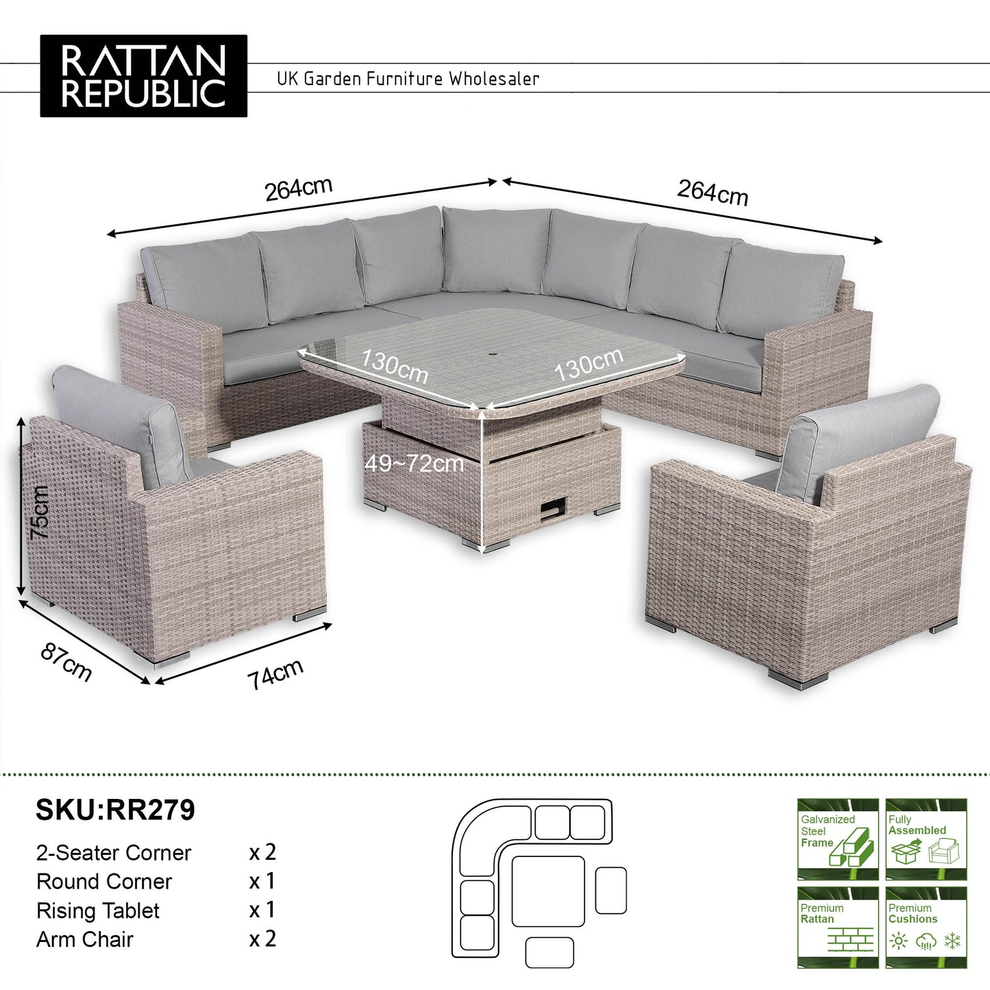 Aurora Range L-Shaped Corner Sofa Set with Armchairs and Rising Table