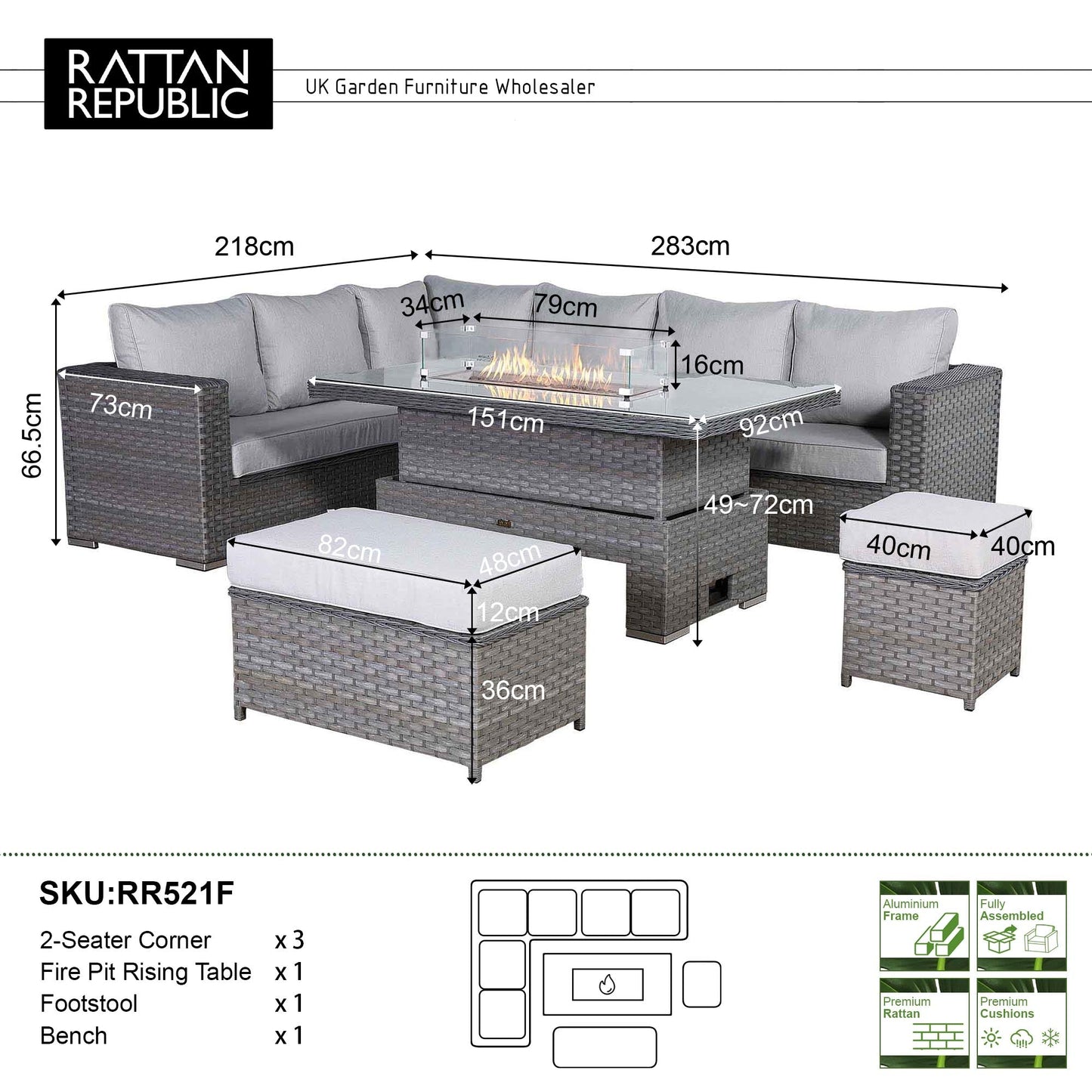 Catalina Range Modular Corner Sofa Set with Fire Pit Rising Table