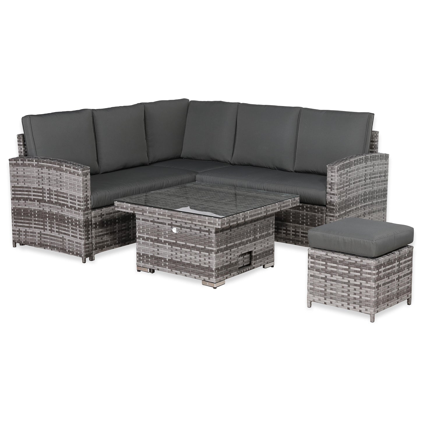 IN STOCK |Florida Elite Outdoor 6-Seater High Back Rattan Corner Sofa Set | Rising Dining Table, Footstool & Grey Cushions