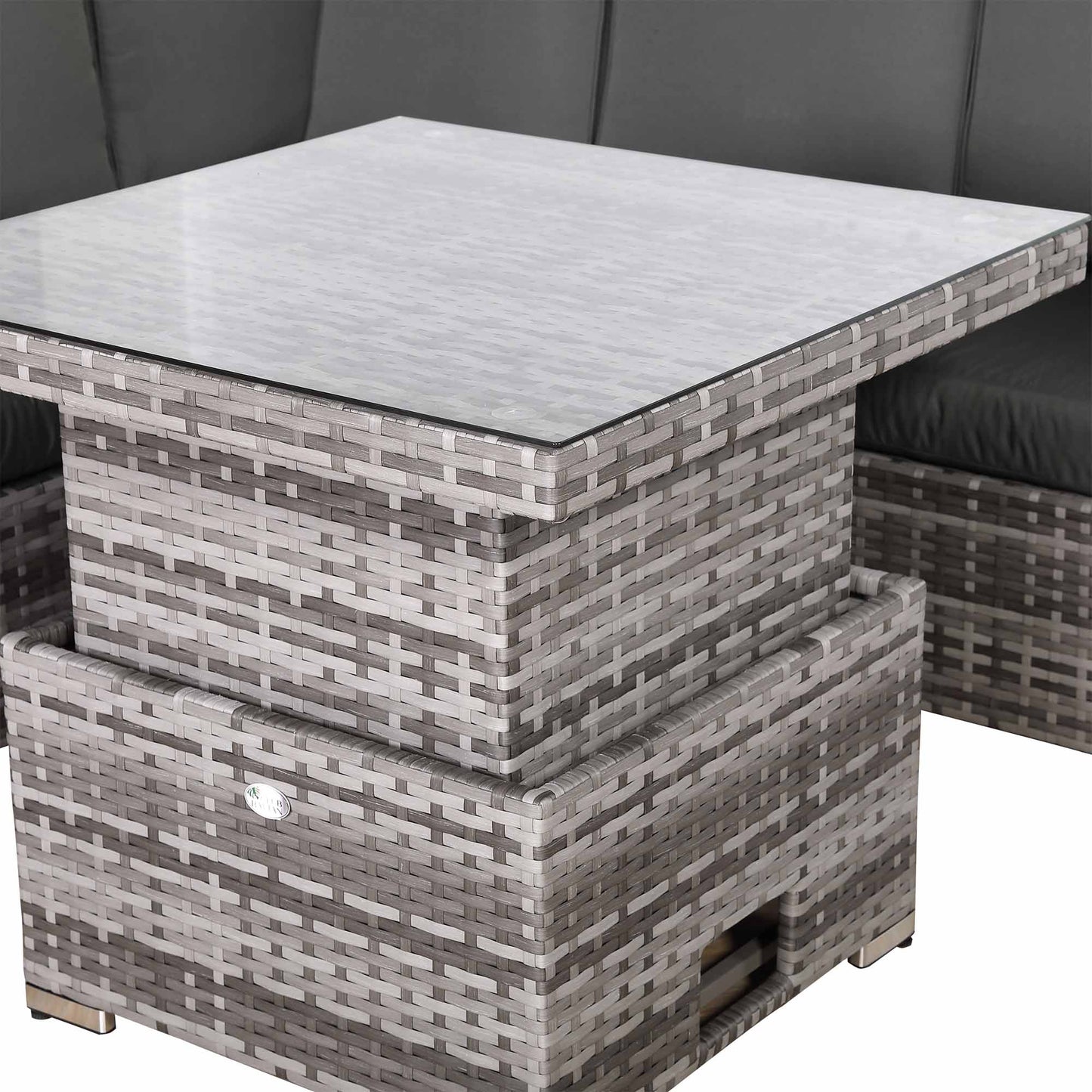 IN STOCK |Florida Elite Outdoor 6-Seater High Back Rattan Corner Sofa Set | Rising Dining Table, Footstool & Grey Cushions