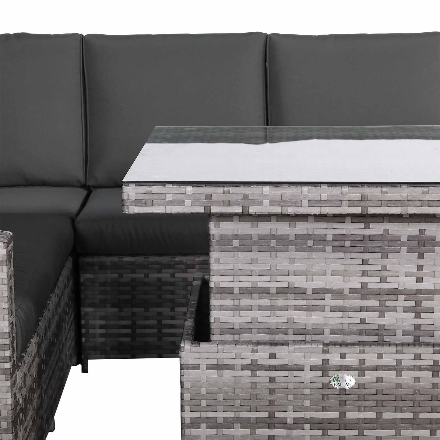 IN STOCK |Florida Elite Outdoor 6-Seater High Back Rattan Corner Sofa Set | Rising Dining Table, Footstool & Grey Cushions