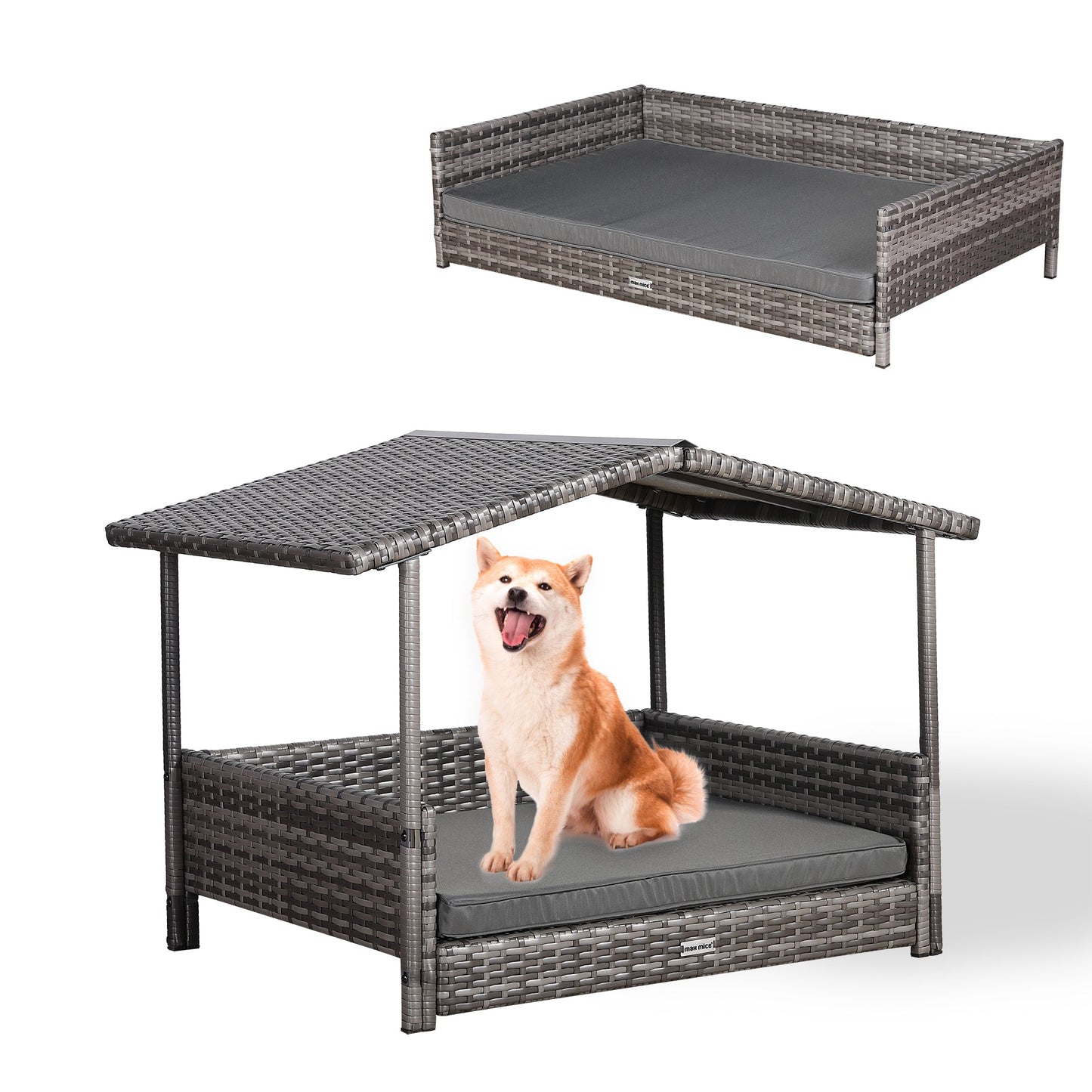 IN STOCK | Nest Range - Wicker Raised Dog House | Rattan Dog Bed for Indoor/Outdoor with Removable Roof & Cushion (Grey) - Available in S, M, L