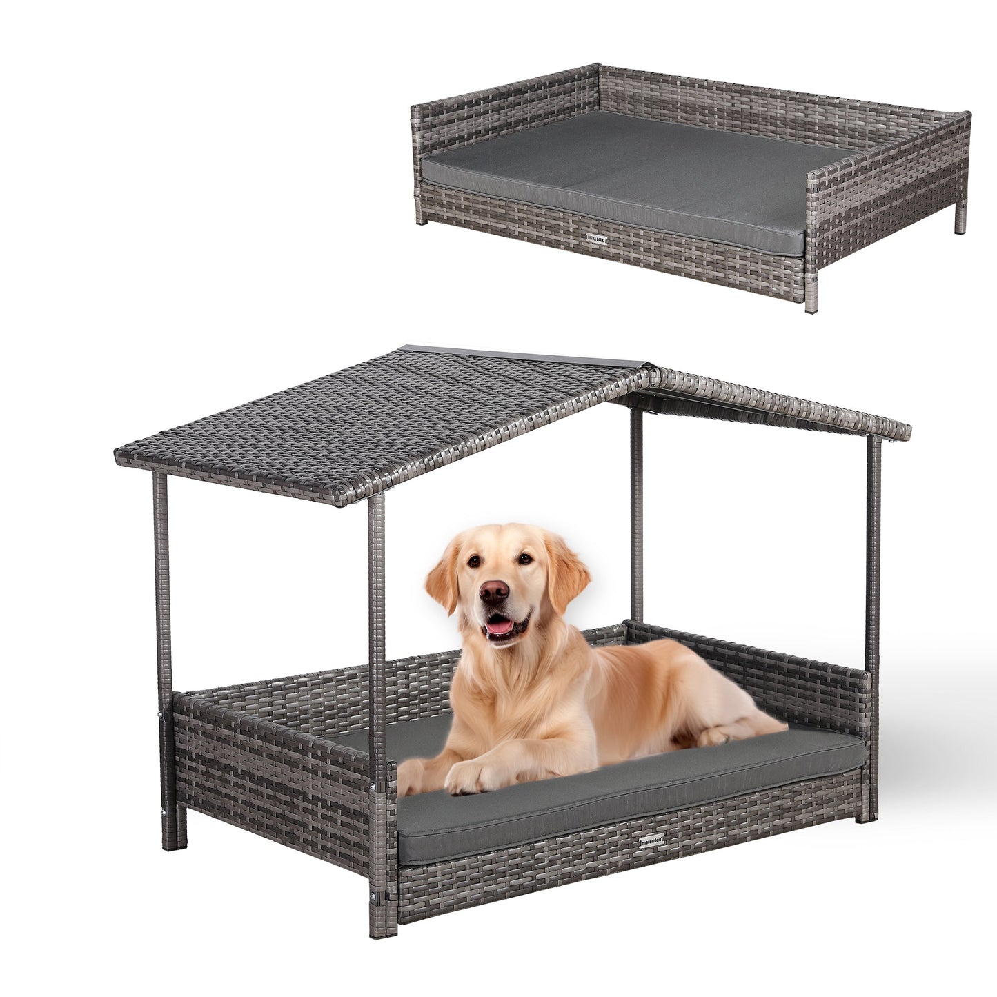 IN STOCK | Nest Range - Wicker Raised Dog House | Rattan Dog Bed for Indoor/Outdoor with Removable Roof & Cushion (Grey) - Available in S, M, L