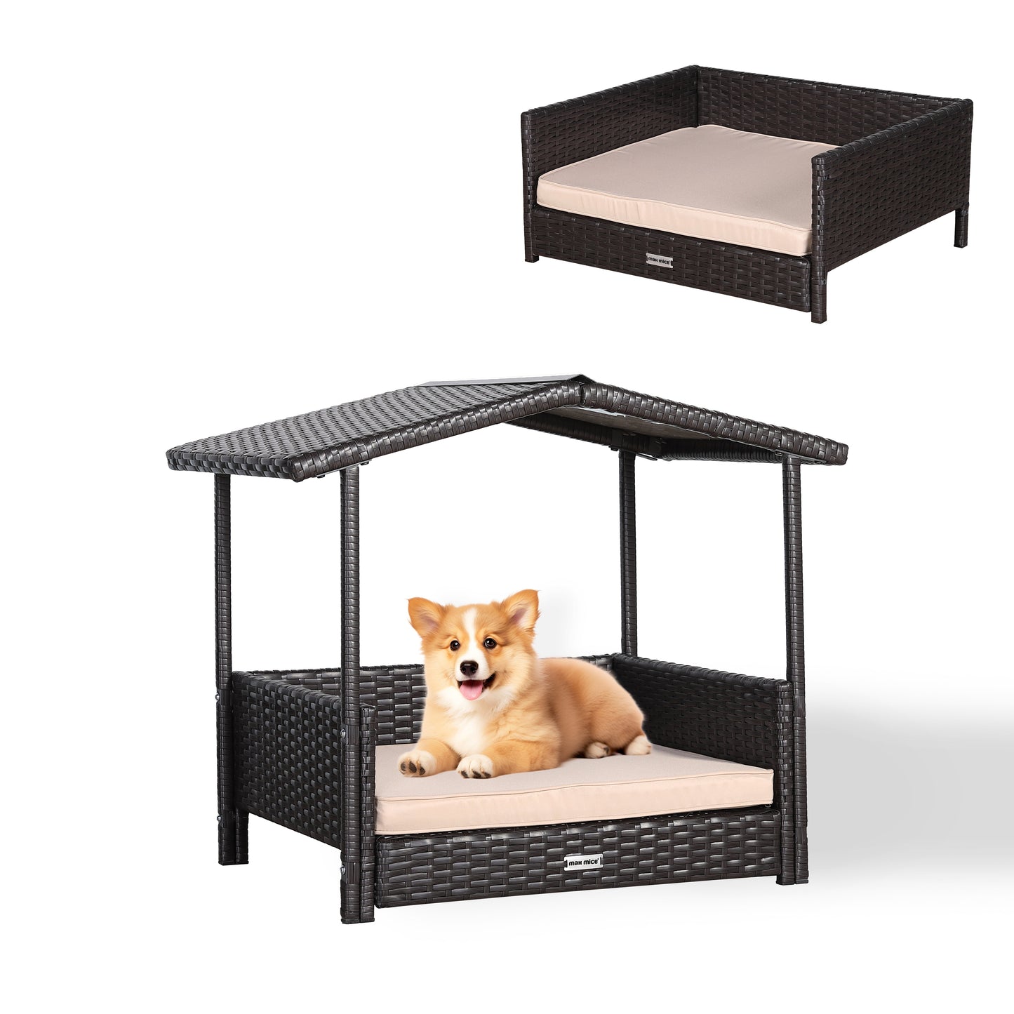 IN STOCK | Nest Range - Wicker Raised Dog House | Rattan Dog Bed for Indoor/Outdoor with Removable Roof & Cushion (Brown) - Available in S, M, L
