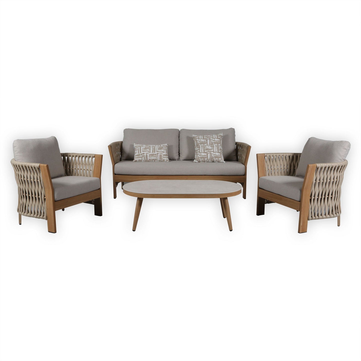 IN STOCK | Orion Range Beige Rope & Wood-Effect Aluminium Frame Sofa Set with Beige cushions