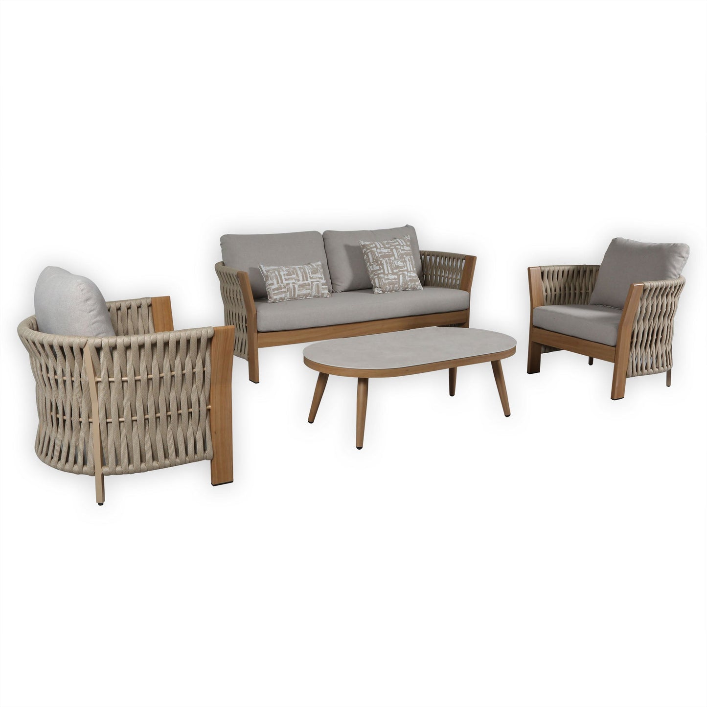 IN STOCK | Orion Range Beige Rope & Wood-Effect Aluminium Frame Sofa Set with Beige cushions