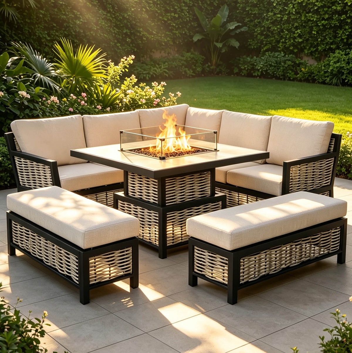 Lumina Range Square Corner Sofa Set with Fire Pit Rising Table