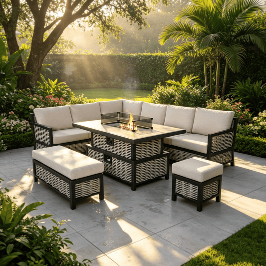 Lumina Range Left Hand Corner Sofa Set with Bench, Footstool and Rising Fire Pit Table