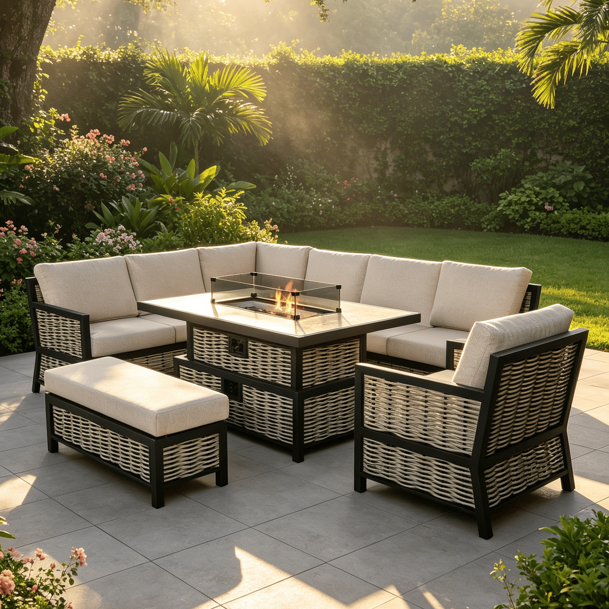 Lumina Range Left Hand Corner Sofa Set with Armchair, Bench and Rising Fire Pit Table