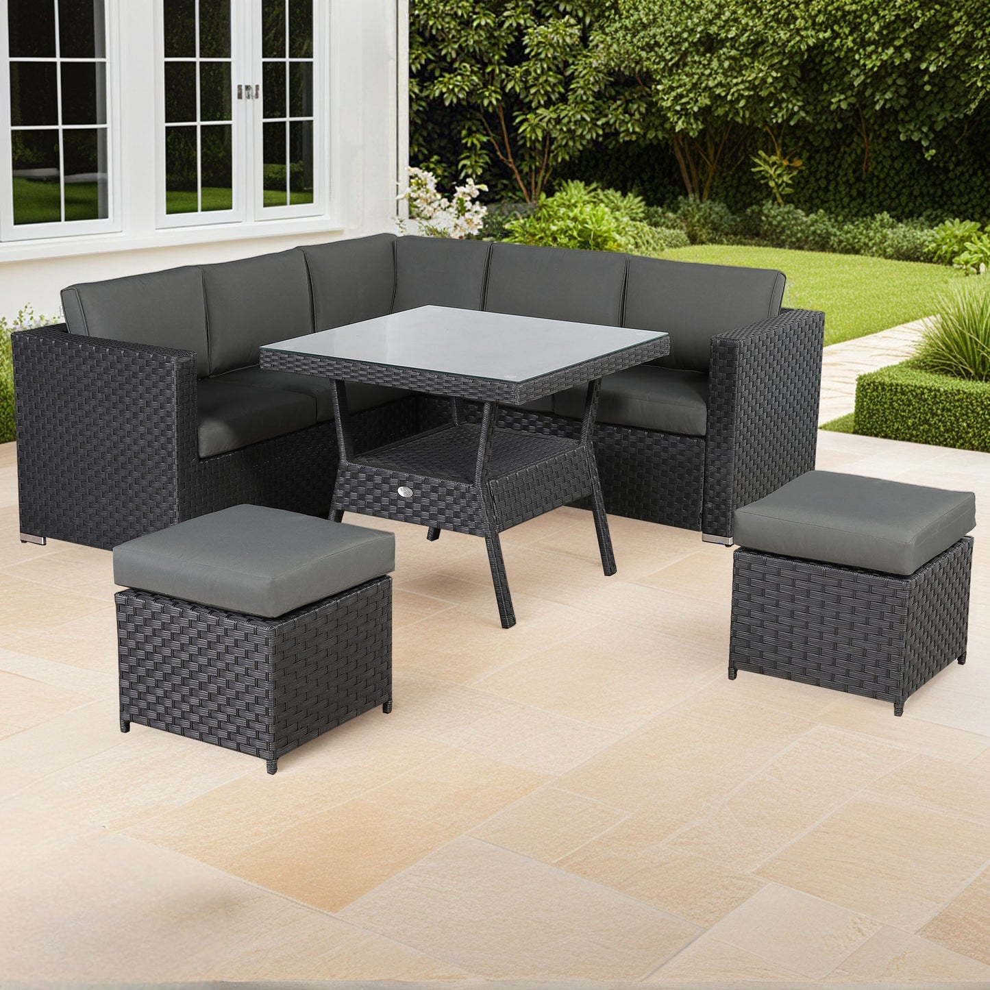IN STOCK | Bath 7-Seater Rattan Corner Sofa Dining Set | All-Weather Patio Sectional with Dining Table & Footstools