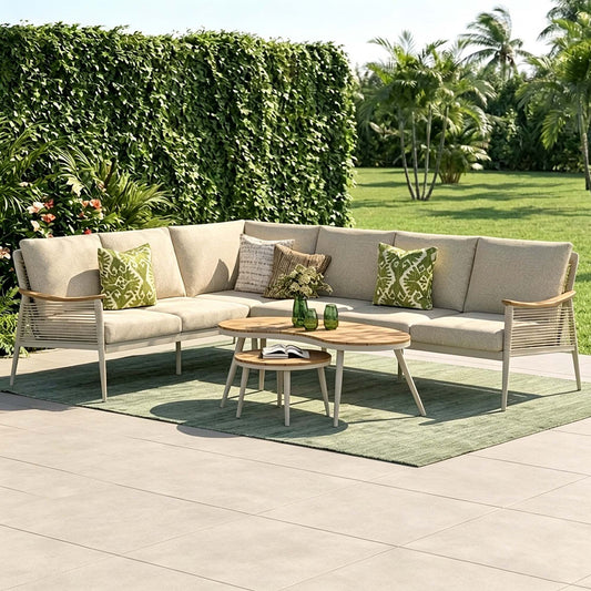 IN STOCK | Berne Range Modular Corner Sofa Rope Set with 2 Coffee Tables with Teak Wood Top