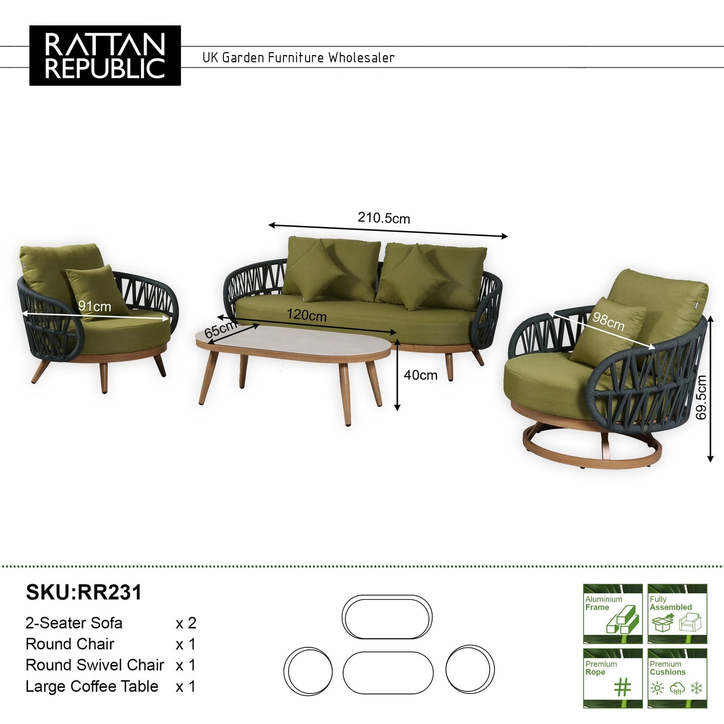 IN STOCK | Luna Range Olive Green Rope Sofa Set with Green Cushions
