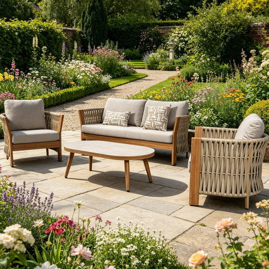 IN STOCK | Orion Range Beige Rope & Wood-Effect Aluminium Frame Sofa Set with Beige cushions