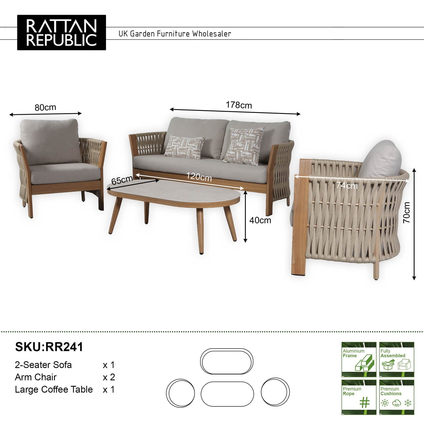 IN STOCK | Orion Range Beige Rope & Wood-Effect Aluminium Frame Sofa Set with Beige cushions