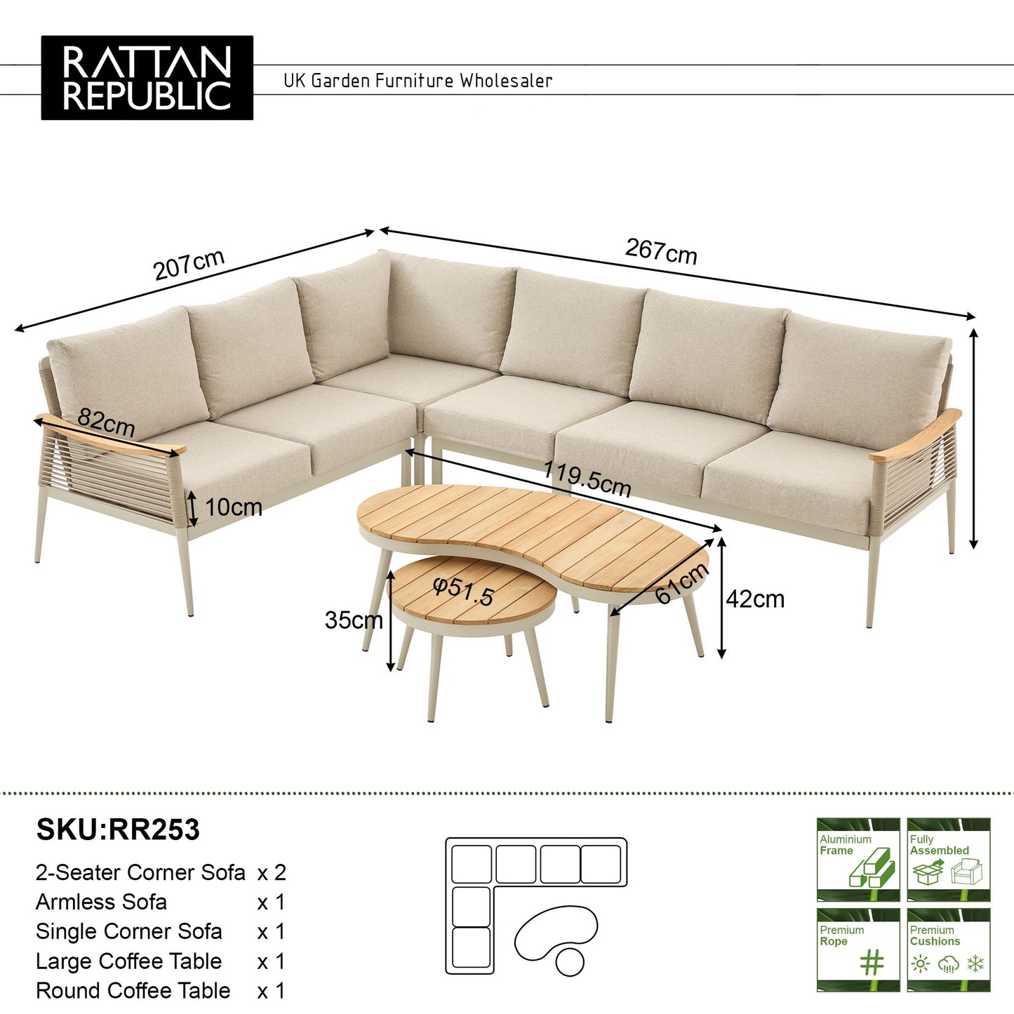 IN STOCK | Berne Range Modular Corner Sofa Rope Set with 2 Coffee Tables with Teak Wood Top