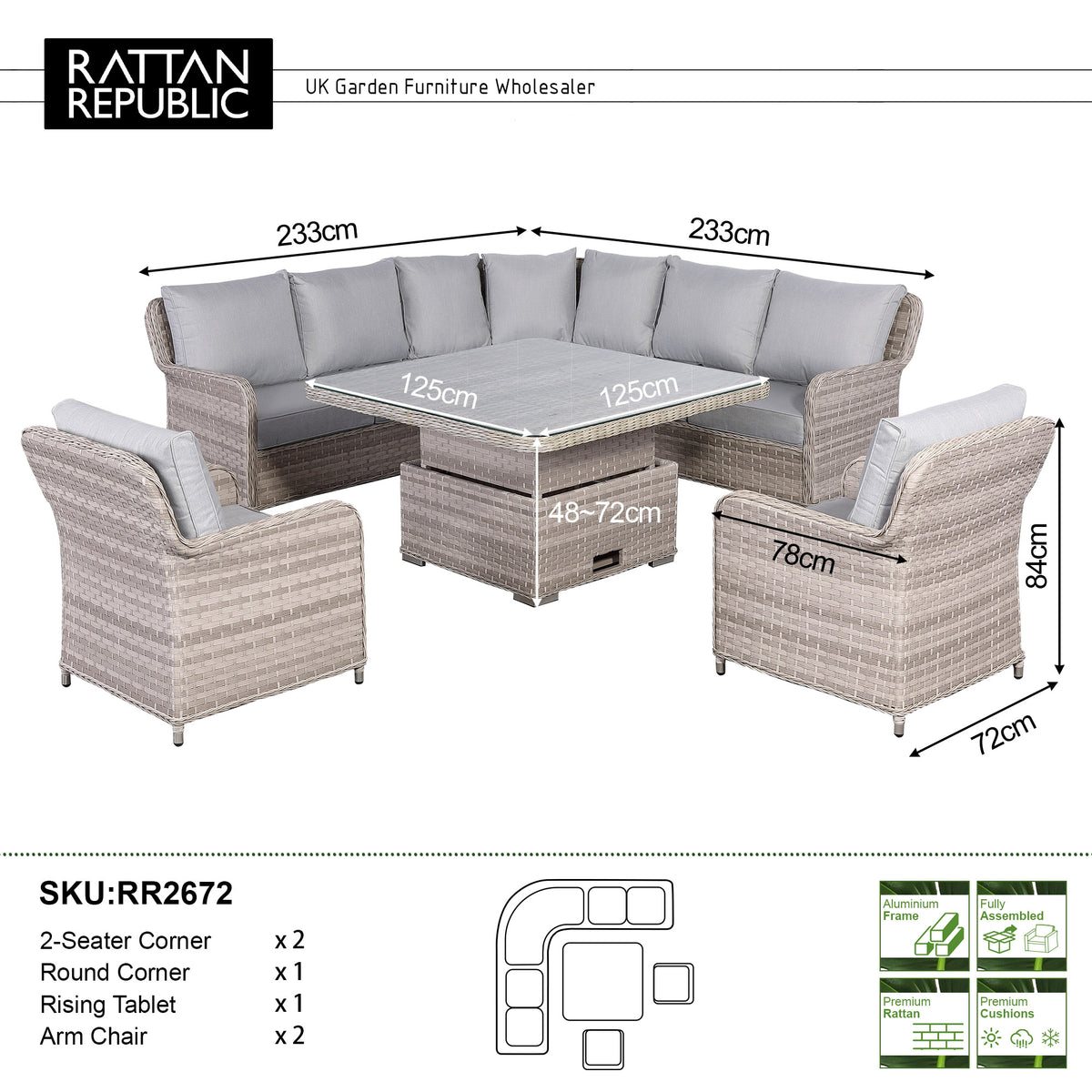 Havana Range L-Shaped Corner Sofa Set with Armchairs and Rising Table