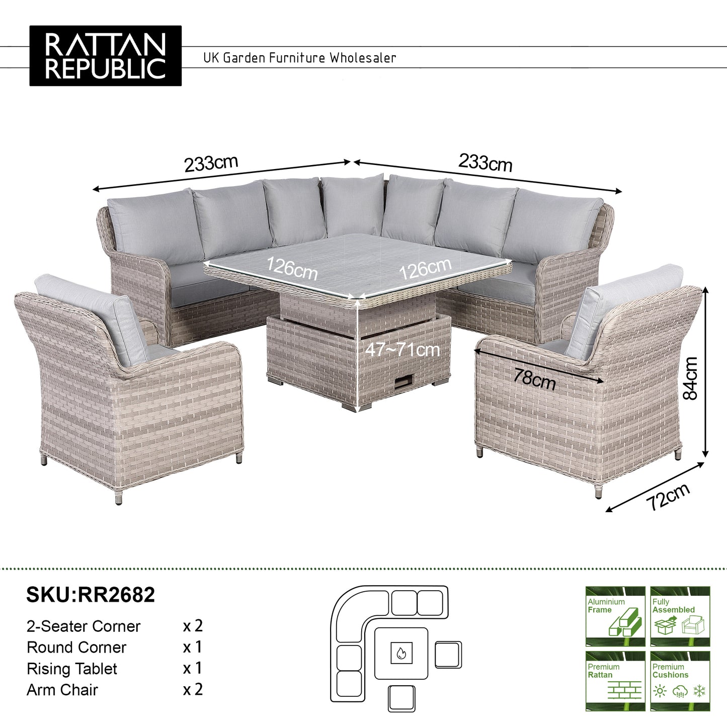 Havana Range L-Shaped Corner Sofa Set with Armchairs and Rising Fire Pit Table