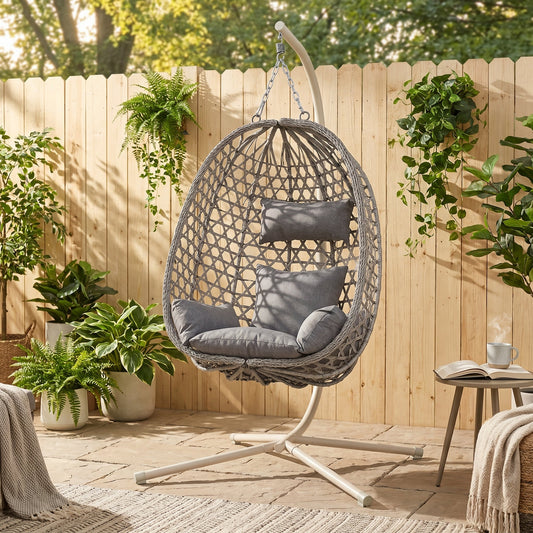 IN STOCK | Nest Hanging Egg Swing Chair with Stand, Thick Showerproof Cushions, for Living Room,Balcony or Outdoor, Grey Weave & Beige Stand(RR-EC-01)