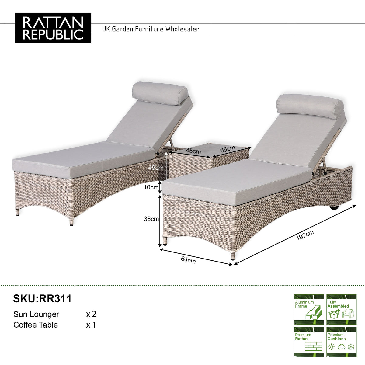 Oxford Range Reclining Sun Lounger Set with Storage Side Table