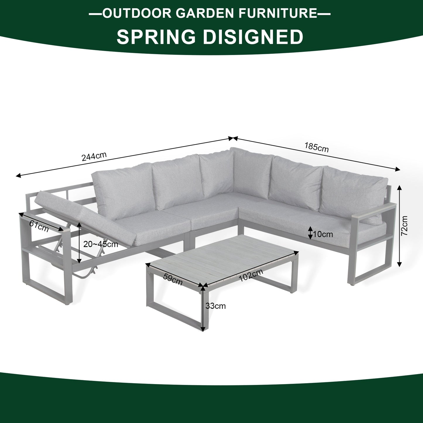 IN STOCK | Dune Range RHF Corner Set Charcoal Aluminium Frame With Grey Cushions
