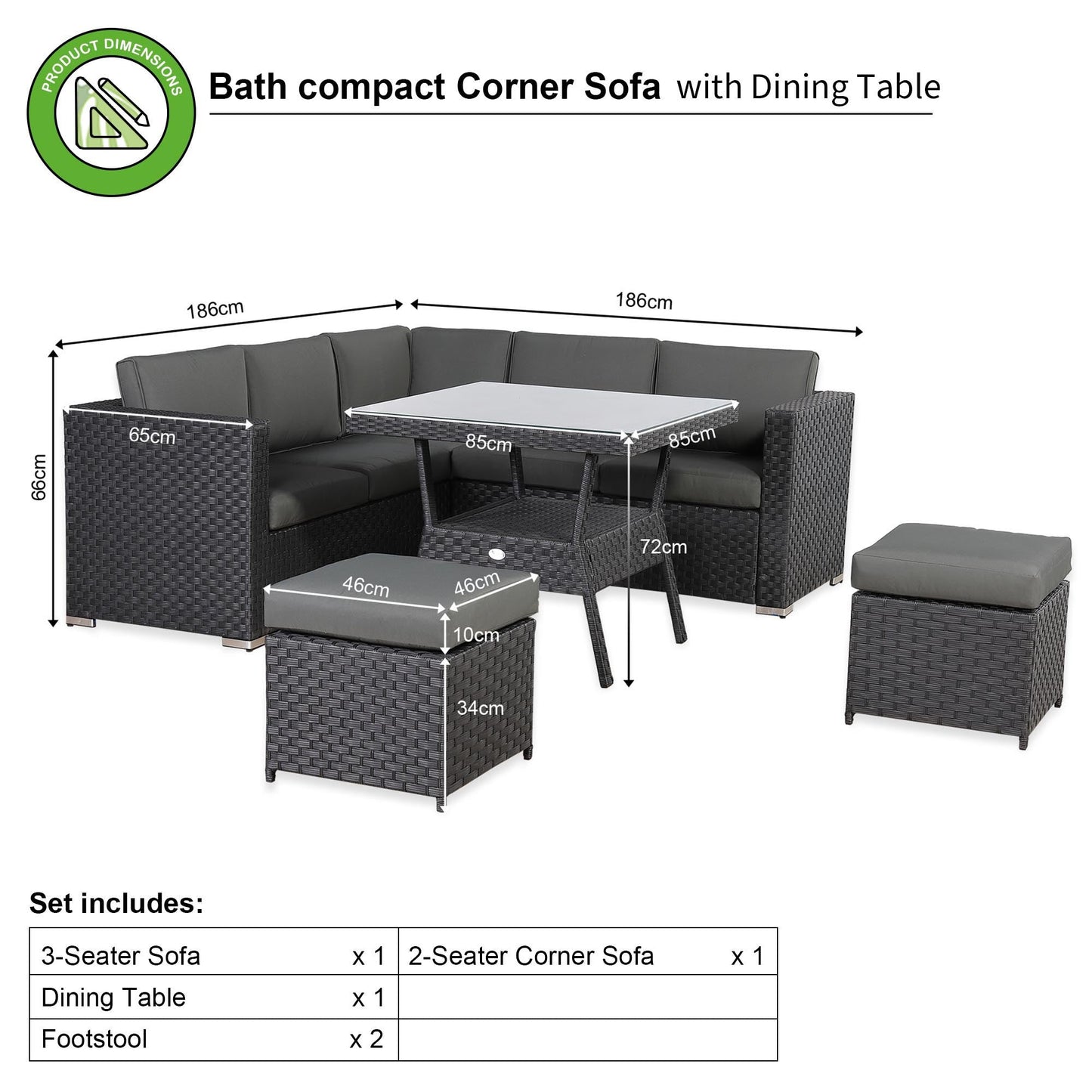 IN STOCK | Bath 7-Seater Rattan Corner Sofa Dining Set | All-Weather Patio Sectional with Dining Table & Footstools
