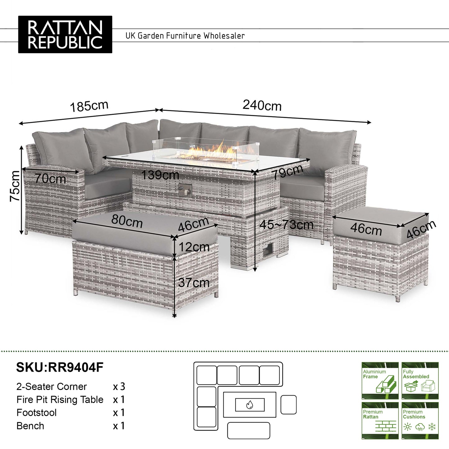 Rattan Republic High Back Left Hand Corner Sofa Set with Fire Pit Rising Table