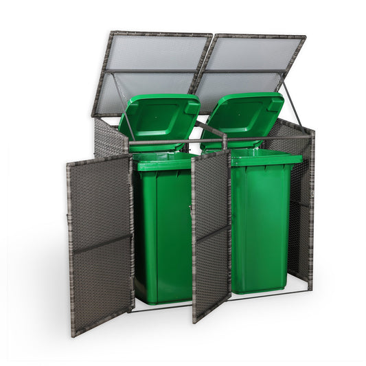 Nest wheelie bins shed / store in Grey Rattan Weave (WBS-2G)