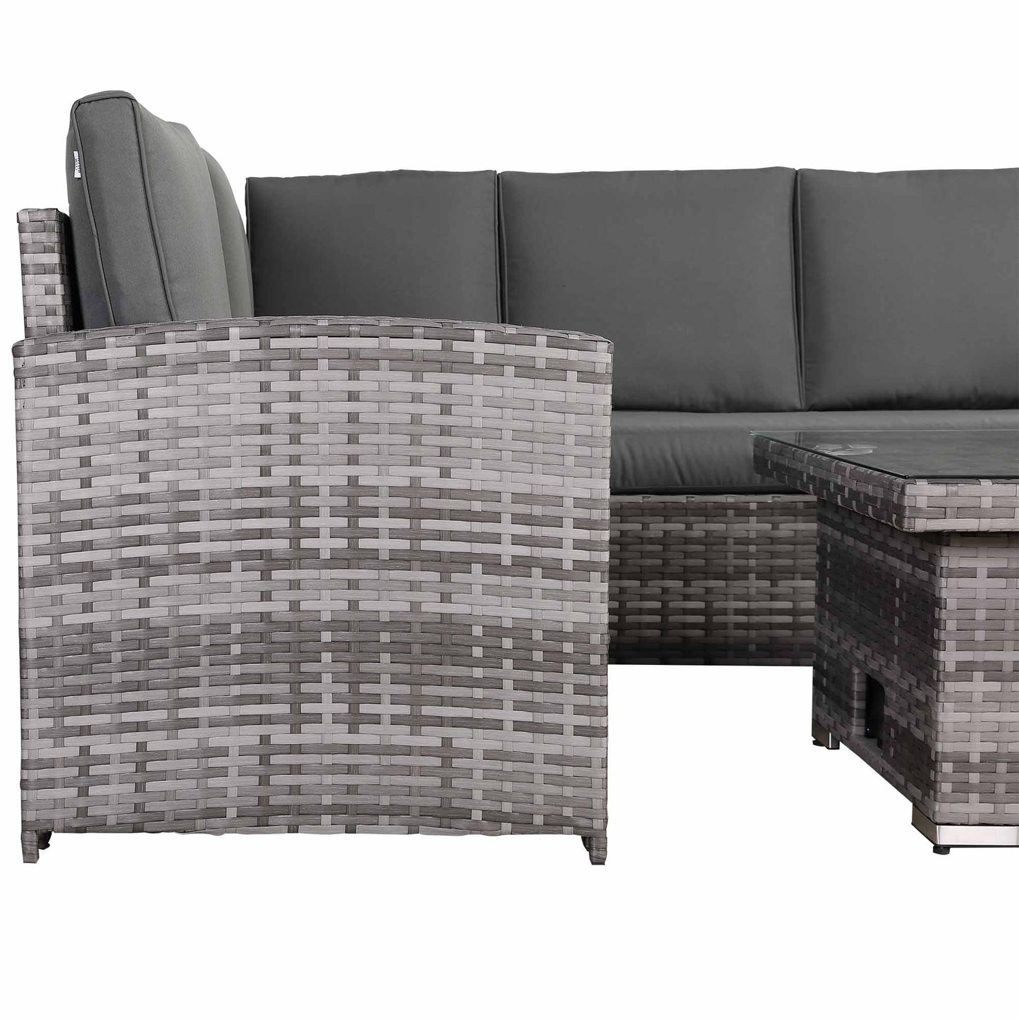 IN STOCK |Florida Elite Outdoor 6-Seater High Back Rattan Corner Sofa Set | Rising Dining Table, Footstool & Grey Cushions