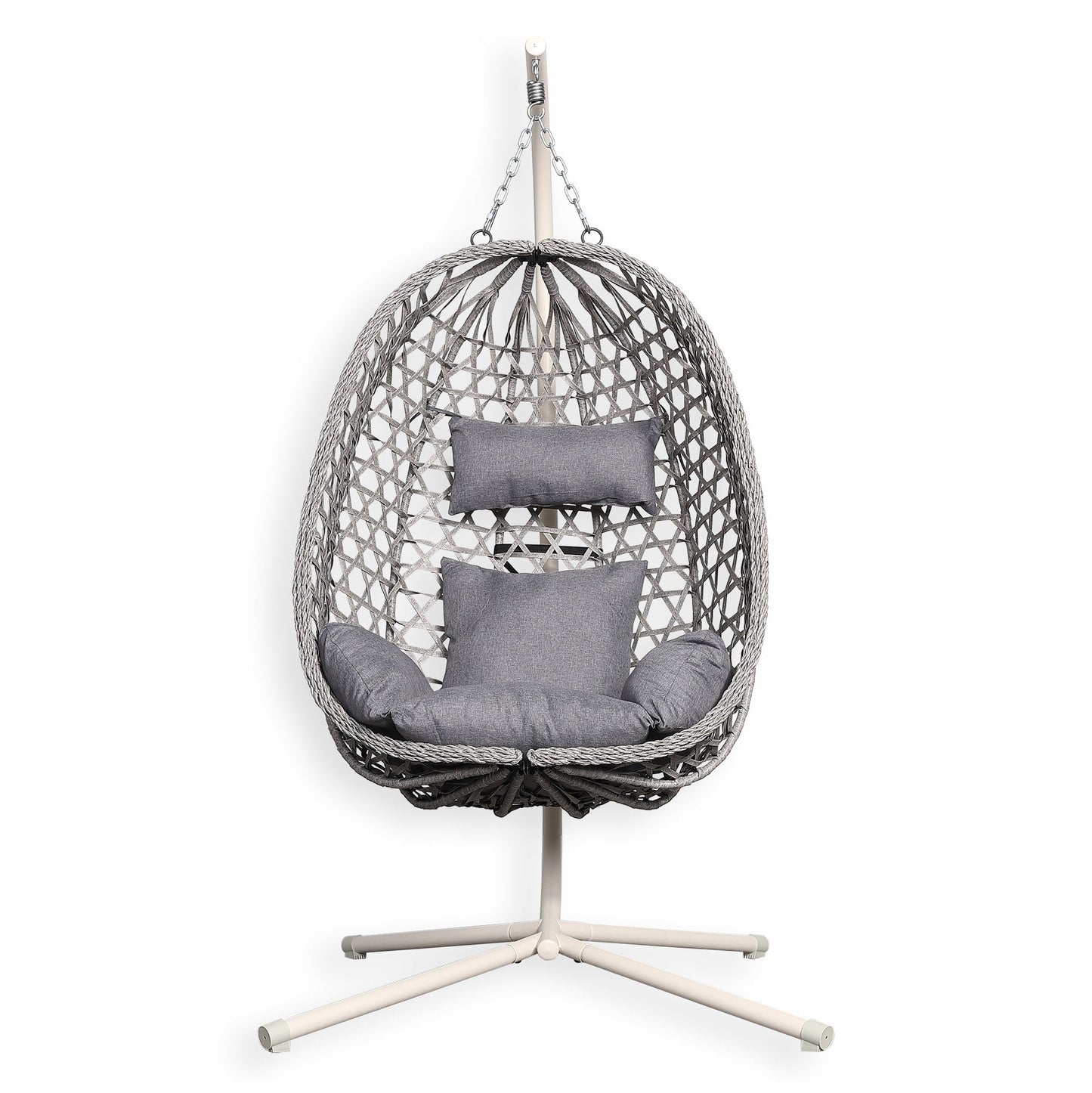 IN STOCK | Nest Hanging Egg Swing Chair with Stand, Thick Showerproof Cushions, for Living Room,Balcony or Outdoor, Grey Weave & Beige Stand(RR-EC-01)
