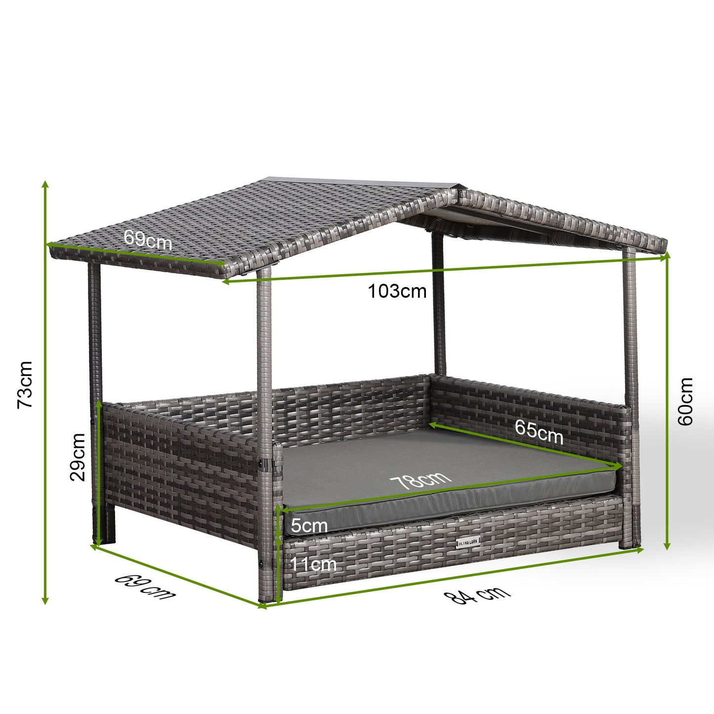 IN STOCK | Nest Range - Wicker Raised Dog House | Rattan Dog Bed for Indoor/Outdoor with Removable Roof & Cushion (Grey) - Available in S, M, L