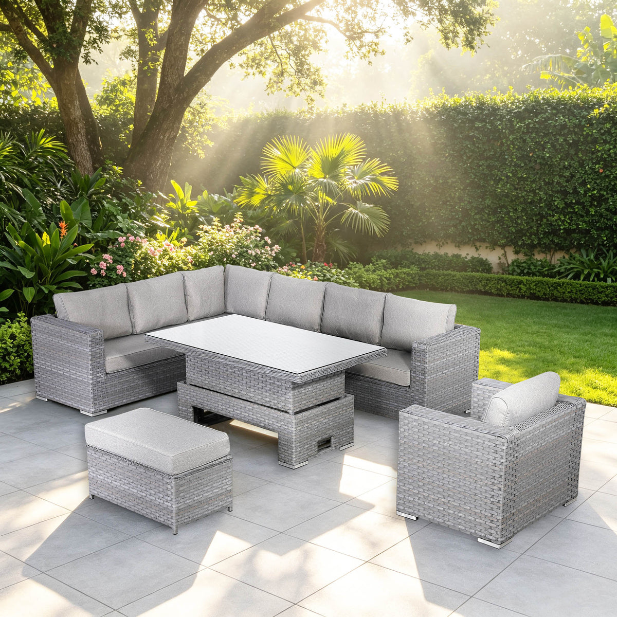 Catalina Range Left Hand Corner Sofa Set with Armchair, Bench Ottoman and Rising Table