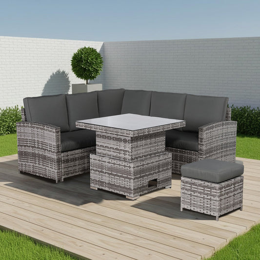 IN STOCK |Florida Elite Outdoor 6-Seater High Back Rattan Corner Sofa Set | Rising Dining Table, Footstool & Grey Cushions