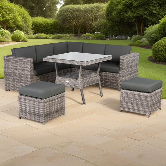 IN STOCK | Bristol 7-Seater Rattan Corner Sofa Dining Set | All-Weather Patio Sectional with Dining Table & Footstools