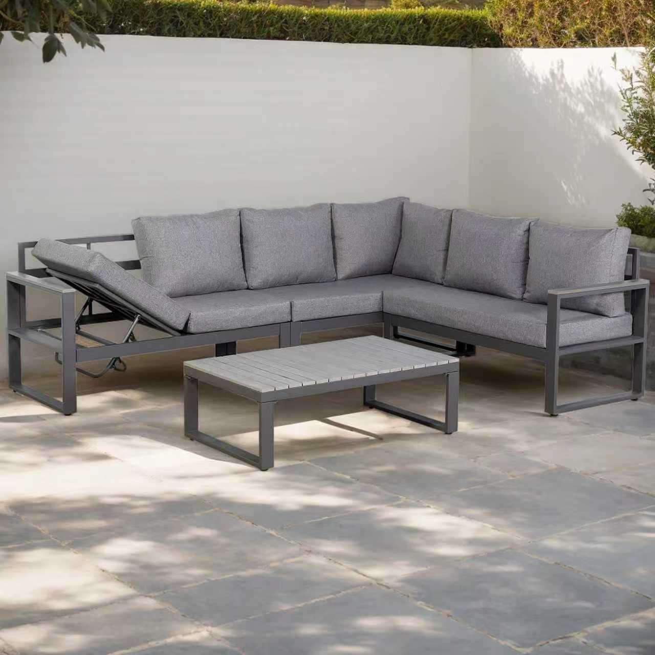 IN STOCK | Dune Range RHF Corner Set Charcoal Aluminium Frame With Grey Cushions