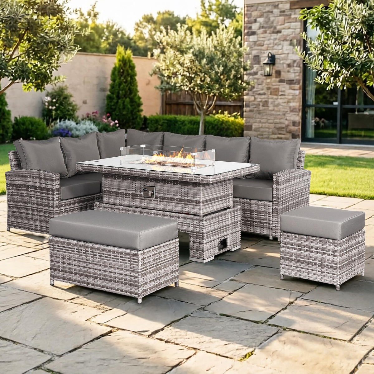 Rattan Republic High Back Left Hand Corner Sofa Set with Fire Pit Rising Table