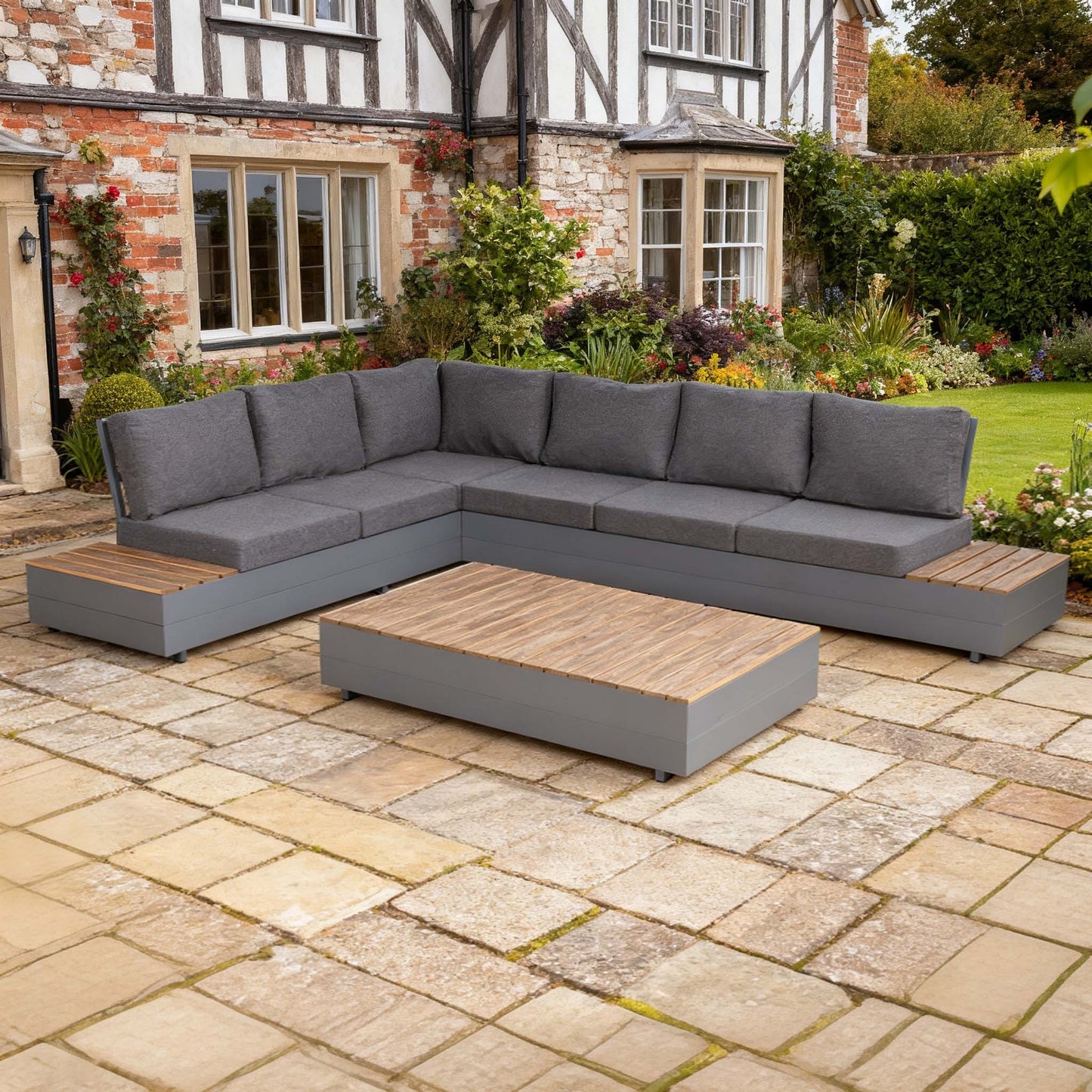 Titan Range Aluminium L-Shape Corner Sofa Set with Wood Top Coffee Table
