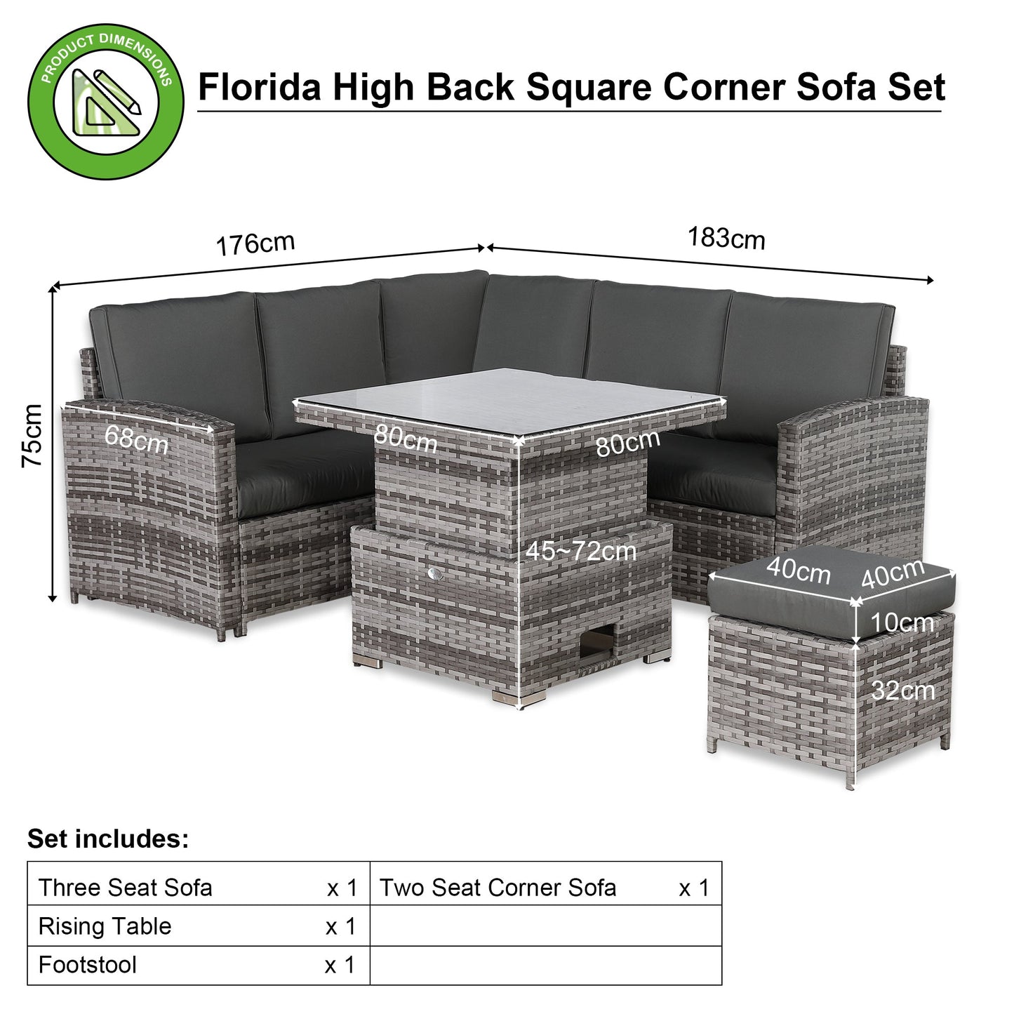 IN STOCK |Florida Elite Outdoor 6-Seater High Back Rattan Corner Sofa Set | Rising Dining Table, Footstool & Grey Cushions